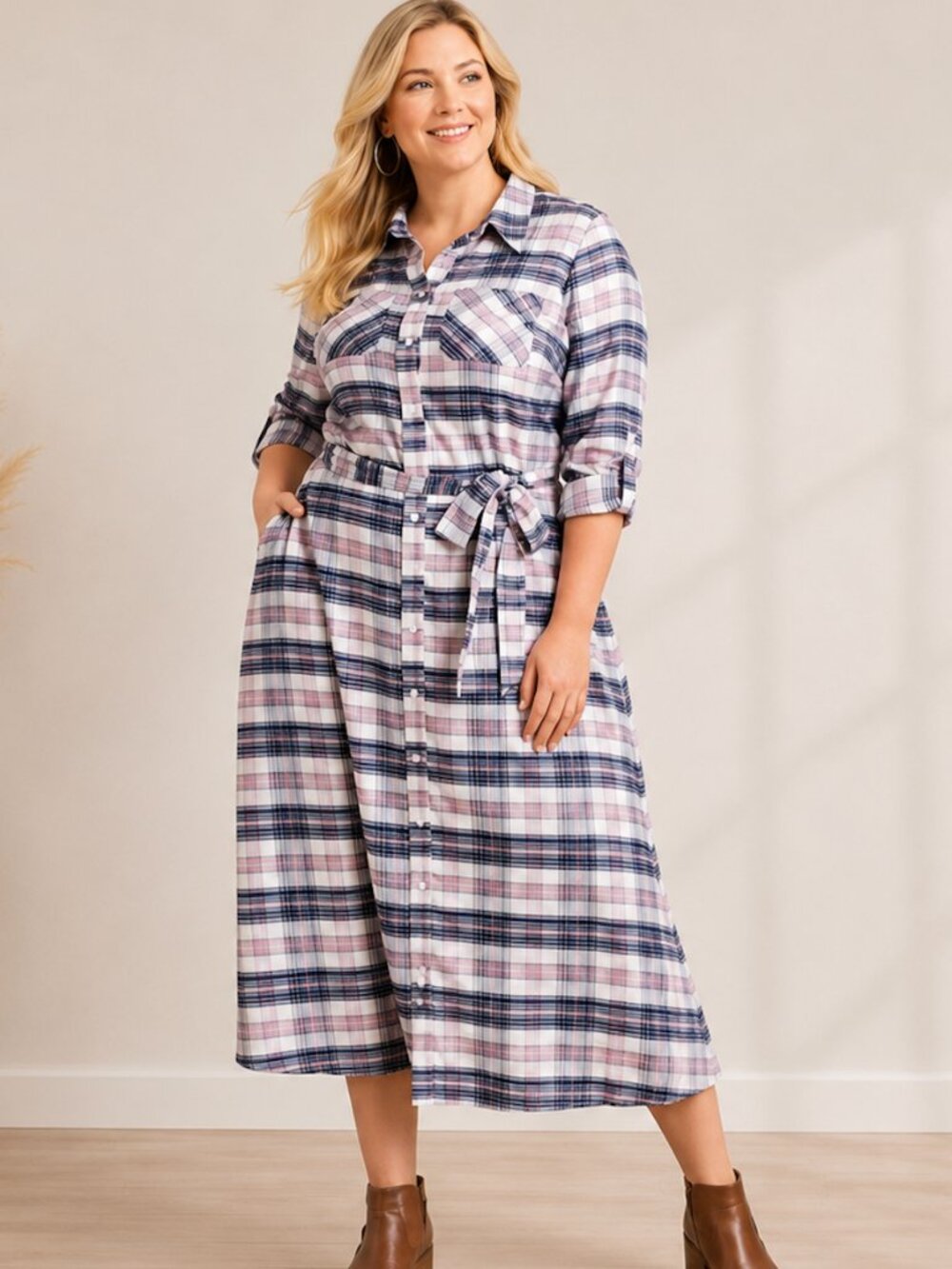 Lane Bryant Plaid Shirt Dress Size 20 Pink Blue Midi Button Front Tie Waist Plus - Picture 1 of 9